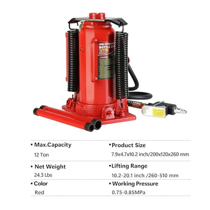 Pneumatic Air Hydraulic Bottle Jack, 12 Ton//24,000 LBS All Welded Bottle Jack, 10.2-20.1 inch Lifting Range, with Manual Hand Pump & Handle,Heavy Duty Auto Truck Travel Trailer Repair Lift - color: Red, size: 12Ton