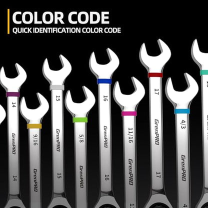 GRENPRO Ratcheting Wrench Set, 23PCS Combination Wrench Sets, Wrench Set Metric and Standard & SAE, 6-18mm & 1/4" to 3/4" with Color Ring, Ratchet Set With Roll Up Pouch, CRV Socket Mechanic Tool Sets - style: 23PCS Ratcheting Wrench Set Metric&SAE With C