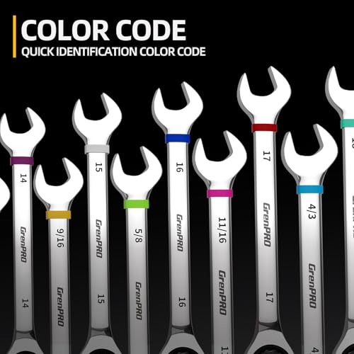 GRENPRO Ratcheting Wrench Set, 23PCS Combination Wrench Sets, Wrench Set Metric and Standard & SAE, 6-18mm & 1/4" to 3/4" with Color Ring, Ratchet Set With Roll Up Pouch, CRV Socket Mechanic Tool Sets - style: 23PCS Ratcheting Wrench Set Metric&SAE With C