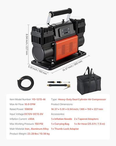VEVOR Dual-Cylinder Heavy Duty Air Compressor, 10.6CFM Auto-Stop Portable Tire Inflator, 12V 150PSI Offroad Air Pump with LCD Digital Display & Adapters for Truck Car SUV 4 x 4 Vehicle RV - style: 10.6 CFM Auto-Stop