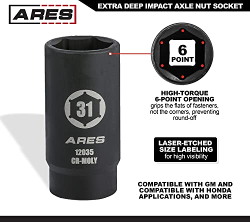 ARES 12035 31MM Axle Nut Socket, 6 Point Socket | Extra Deep 1/2-Inch Drive Impact Socket for Easy Removal of Axle Shaft Nuts - size: 31mm 6-Point
