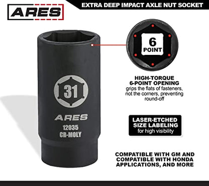 ARES 12035 31MM Axle Nut Socket, 6 Point Socket | Extra Deep 1/2-Inch Drive Impact Socket for Easy Removal of Axle Shaft Nuts - size: 31mm 6-Point