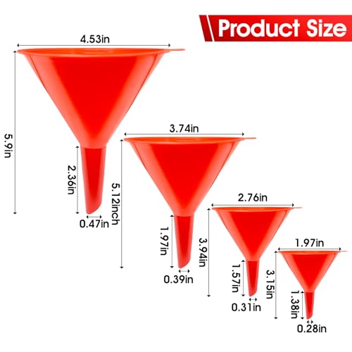 DEDC Oil Funnels, Gas Funnels, Plastic Funnel Set for Car, Automotive, Kitchen, Mini Small Large Red (4pcs Gas Plastic Funnel) | Mini Small to Large Funnel for Filling Bottles Automotive Maintenance Household Garage Kitchen Refueling