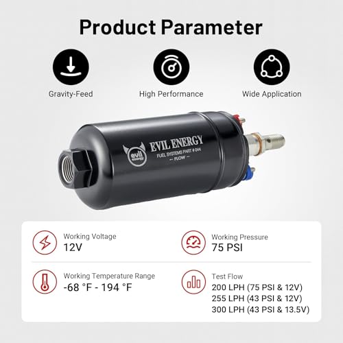 EVIL ENERGY External Inline Fuel Pump Electric 300LPH High Flow 12V with 60MM Bracket Clamp Black - color: Black