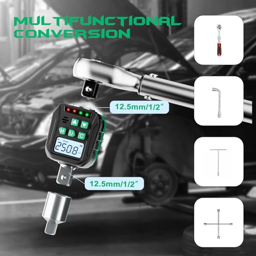 1/2-Inch Digital Torque Adapter, 12.54-250.8 Ft.lb/17-340 N.m, Electronic Torque Wrench Converter with ±2% Accuracy, Preset Function, Data Storage, 3/8” & 1/4” Adapter for Bike, Moto, Car - size: 12.5-250.8 Ft-lb/17-340 Nm