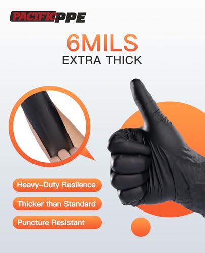 PACIFIC PPE 6-mil Heavy Duty Black Nitrile Gloves, Chemical Resistant, Food Safe, Latex Free Disposable Gloves for Mechanic, Cooking, and Cleaning, 100PCs, XL - size: X-Large(Pack of 100)