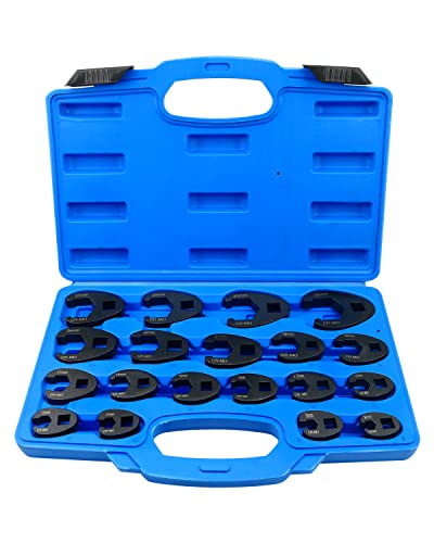 19 PCS 3/8 Inch and 1/2 Inch Crowfoot Flare Nut Wrench Set Metric 8 to 32mm Sizes, Alloy Steel Crows Foot Wrench Set for Drive Ratchet, Metric Tool with Organizer Box