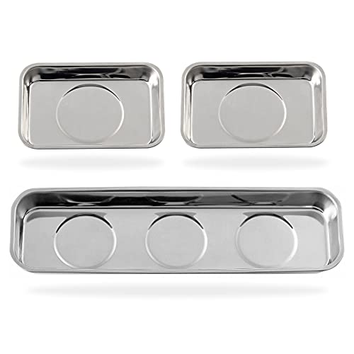 3 Pieces Magnetic Trays Set Stainless Steel Magnet Tool Tray Parts Holder for Screws, Sockets, Bolts, Pins, Mechanic's and Automotive - size: 3 Pieces Set (3.7" x 2.5" + 8.9" x 2.5")