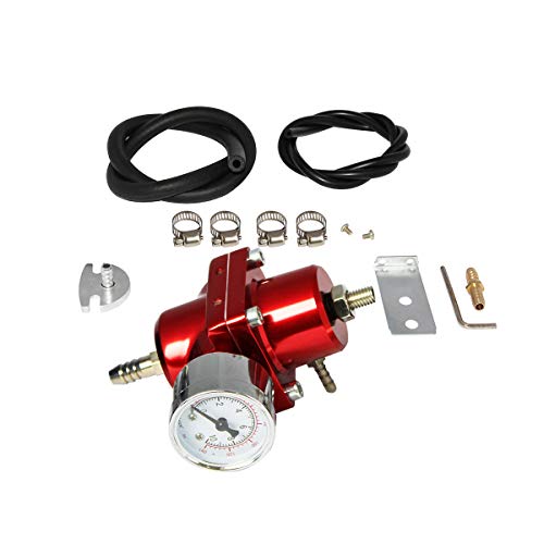 Universal Adjustable Fuel Pressure Regulator Kit with 0-140 PSI Gauge Aluminum Gas Oil Injection Pressure Regulator Red FPR - color: Red