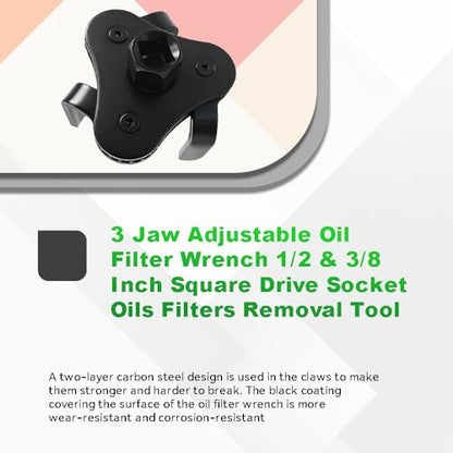 DSkoiph Adjustable Oil Filter Wrench 1/2 to 3/8 Inches Square Drive Socket | 3-Jaw & 2-Way Design, Universal, For Most Cars, Oils Filters Removal Tool