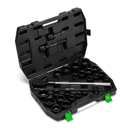 TecoTek 3/4" Drive Shallow 6-Point Impact Socket Set, 27-Piece Jumbo Assortment, CR-MO, SAE (7/8-Inch to 2-Inch) and Metric (22mm to 50mm), Ratchet Handle with Extensions
