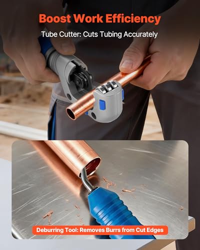VEVOR Flaring Tool HVAC, 45° Eccentric Single Flaring Tool for 1/4"-3/4" & 6-19mm Copper Aluminum Tubes - with Metric & SAE Clamps, Tube Cutter & Toolbox for Refrigeration Air Conditioner Repair - size: SAE & Metric Sizes