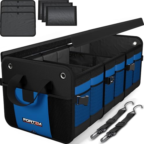FORTEM Trunk Organizer For SUV Car Organizer and Storage, Multi-Compartment Storage Bag Car Accessories for Women Men, Perfect Christmas Gifts, 1680D Oxford, Non Slip Bottom, Straps, Soft Cover (90L) - color: Blue, size: Extra Large (90L)