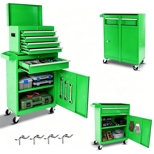 Tool Chest - 5 Drawers Tool Box Organizer with Lockable Wheels, Sliding Drawers, Detachable Top Tool Box - Tool Storage Cabinet for Garage Workshop (Green) - color: Green, size: 5 Drawers