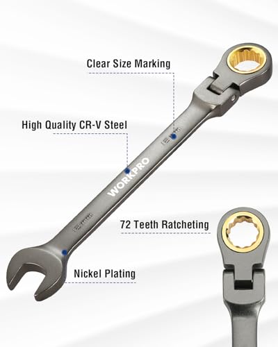 WORKPRO 18 mm Flex-Head Ratcheting Combination Wrench, Cr-V Constructed, Nickel Plating, 72-Teeth, 12 Point Design, Metric - size: 18 mm, style: Nickel Plating