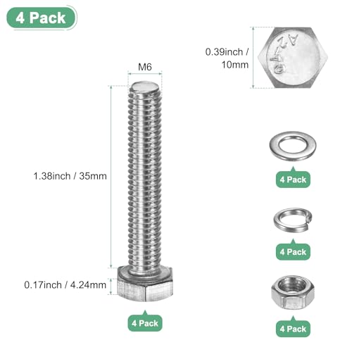 M METERXITY 4-Pack Hex Head Screw Bolt with Nuts Flat & Lock Washers M6x35mm Stainless Steel Bolts and Nuts Kit Fully Threaded Metric Bolt Assortment for Equipment/Machinery - size: M6 x 35mm