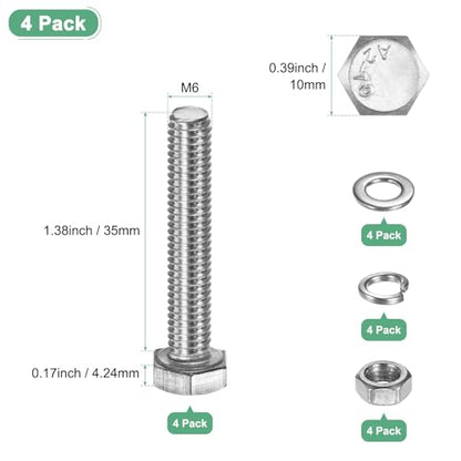 M METERXITY 4-Pack Hex Head Screw Bolt with Nuts Flat & Lock Washers M6x35mm Stainless Steel Bolts and Nuts Kit Fully Threaded Metric Bolt Assortment for Equipment/Machinery - size: M6 x 35mm