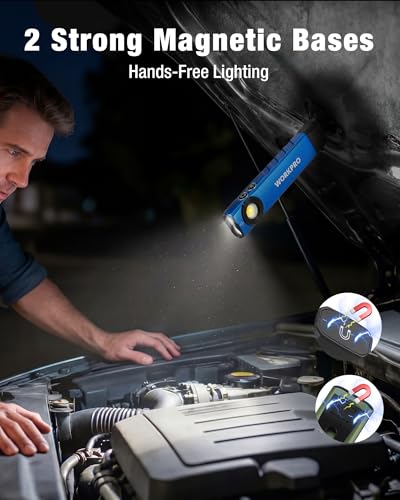 WORKPRO Rechargeable Work Light, 600 Lumens Flat Pocket Flashlight with UV Light, Magnetic Base & Clip, Slim LED EDC Flashlight for Garage, Camping, Home, and Emergencies - color: Blue