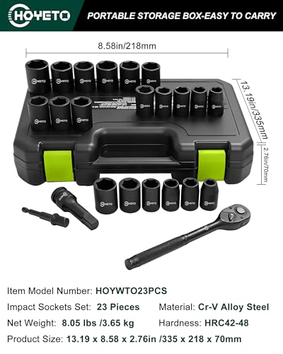 1/2" impact socket set, 23-Piece Ratchet and Socket Set Metric (13–24mm), 6-Point Cr-V Alloy Steel, with Ratchet Handle & Storage Case – Rugged Construction for Auto Repair - style: 23PC