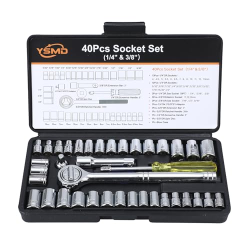 40 Pieces 1/4-Inch & 3/8-Inch Entry-level Drive Socket Set with Reversible Ratchet, Wrench Set with Extension bar, SAE/Metric for Starter Socket Wrench Set for Light Duty Use