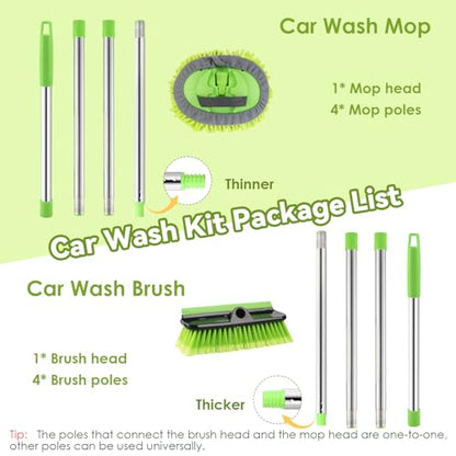 2 Pack Car Wash Brush with 62" Long Handle for Exterior Truck, RV, Boat | Microfiber Car Wash Mop and Car Washing Brush Combo, Soft Bristle Cleaning Brush, Rubber Squeegee, Car Cleaning Kit for Home