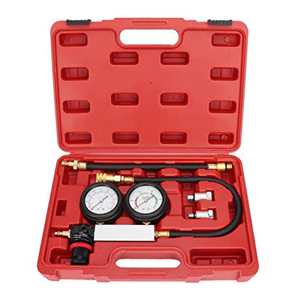 Cylinder Leakage Detector with Dual Pressure Gauges – Engine Compression Leakdown Tester Kit for Piston, Valve & Head Gasket Diagnosis, Includes Threaded Test Plugs for 14mm, 18mm, and Sizes