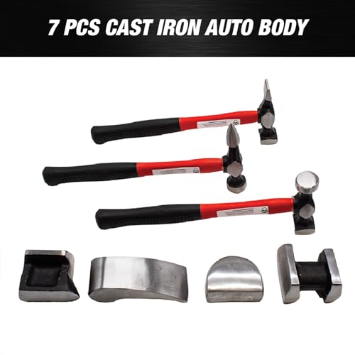 LAUCO Auto Body Repair Tool Hammer Dolly Set 7 Pieces, Car Body Repair Tool Kit with Carrying Case, Carbon Steel Dolly and Hammer Dent Body Fender Tool Set - style: 7 pcs set