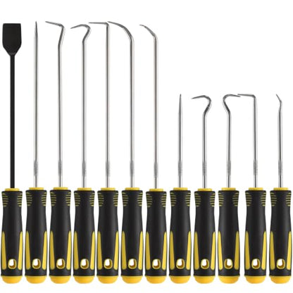 12PCS Automotive Pick and Hook Tool Set, Precision Mechanic Pick Set | Premium Metal Shafts, Includes Scraper, 6 Hook Styles, Dual Length Picks for O-Ring, Seal & Gasket Removal - color: Yellow