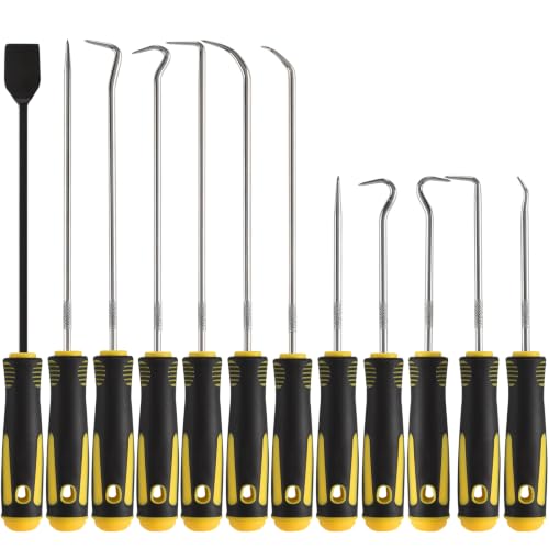 12PCS Automotive Pick and Hook Tool Set, Precision Mechanic Pick Set | Premium Metal Shafts, Includes Scraper, 6 Hook Styles, Dual Length Picks for O-Ring, Seal & Gasket Removal - color: Yellow