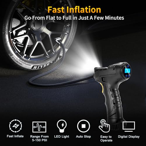 150PSI Portable Air Compressor for Car Tires – Digital Tire Inflator with LED Flashlight, 12V Auto Pump for Cars, Motorcycles, Bikes, and Sports Balls