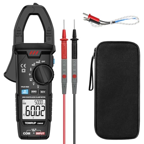 Digital Clamp Meter Multimeter TRMS 6000 Counts 600A Auto-ranging Amp Meter with Flashlight Backlight, Measures NCV, AC/DC Voltage Current, Continuity Capacitance Diode Resistance, Temperature - color: Black