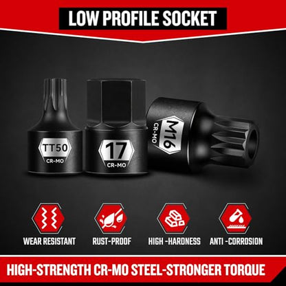 ZHAX Low Profile Impact Bit Socket Set, 28-Piece Stubby Torx, Hex & Spline Socket Set, 1/4", 3/8", 1/2" Drive, TT10-TT50, 6-19mm, M4-M18, CR-MO Steel with Tamper Proof Design