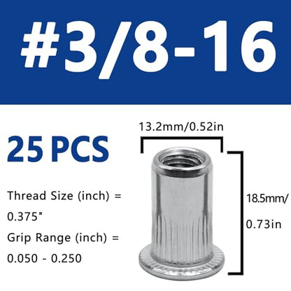 3/8''-16 UNC Rivet Nut, 25Pcs 304 Stainless Steel Flat Head Rivnut Threaded Insert Nutsert - color: Silver, size: 3/8''-16