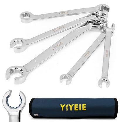 YIYEIE Flare Nut Wrench Set, Metric 5-Piece, Brake Line Wrench Set 9, 10, 11, 12, 13, 14, 15, 17, 19, 21 mm, CR-V Steel, with Roll-up Pouch - color: Metric 5pcs, size: 12-Point