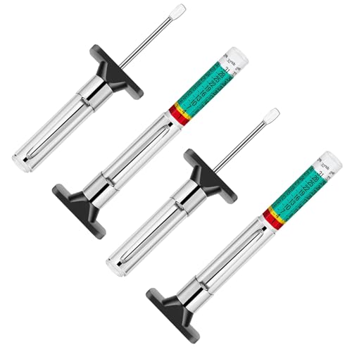 Tire Tread Depth Gauge Kit (4 Pack) - 1/32 Inch High-Accuracy Metal Pencil with Clip - Includes Valve Caps & Portable Bag for Car, Truck, SUV, Motorcycle, Bike