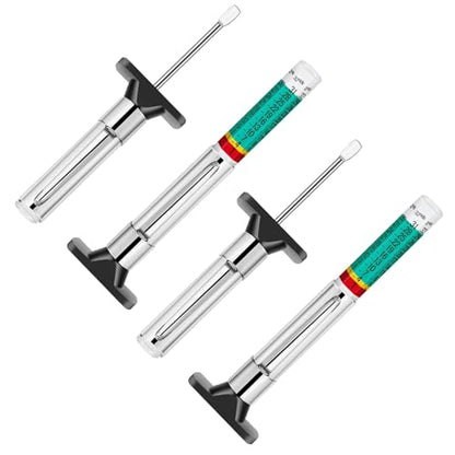 Tire Tread Depth Gauge Kit (4 Pack) - 1/32 Inch High-Accuracy Metal Pencil with Clip - Includes Valve Caps & Portable Bag for Car, Truck, SUV, Motorcycle, Bike