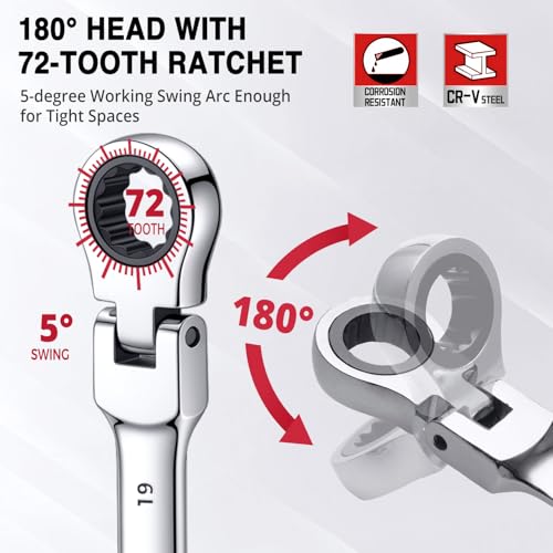 Flex Head Ratcheting Wrench Set, 14-Piece Metric Ratchet Wrenches Set 6-19mm, 72-Tooth CR-V Steel Combination Wrench Set with Roll Up Pouch, Ideal for Automotive Repair - size: 14-pcs + Red Pouch