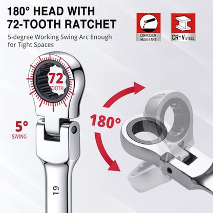 Flex Head Ratcheting Wrench Set, 14-Piece Metric Ratchet Wrenches Set 6-19mm, 72-Tooth CR-V Steel Combination Wrench Set with Roll Up Pouch, Ideal for Automotive Repair - size: 14-pcs + Red Pouch