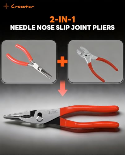 Crosstar 9-Inch Long Nose Slip Joint Pliers, CR-V Steel Needle Nose Pliers with 2-Position Adjustable Jaw, Self-Returning Spring & 2-Zone Serrated Jaw for Clamping, Tightening and Loosening