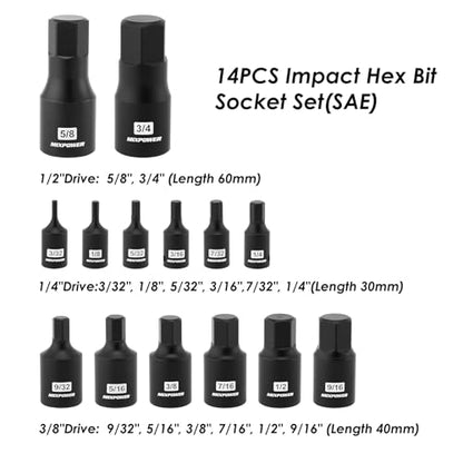 MIXPOWER 14-Piece Dr. Bit Socket Set, 3/32 to 3/4, 1/4", 3/8" and 1/2" Drive, Cr-Mo Impact Grade, SAE, Hex Bit Socket - size: SAE