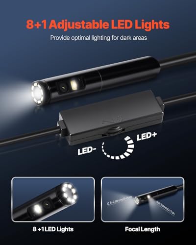 VEVOR Endoscope Camera with Light, Dual Lens Borescope for Android & iOS, 1920P HD Inspection Camera, 8 + 1 LED Lights, 2X Zoom, 10FT Snake Cable, IP67 Waterproof - size: 10FT