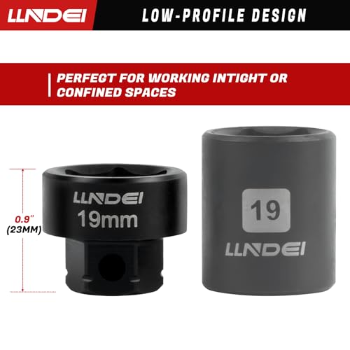 LLNDEI 3/8" Drive Stubby Impact Socket Set Metric 6-19mm, 19-Piece Cr-Mo Nano Socket Set with 2 Extension Bars (6" & 15"), Universal Joint & Ratchet Wrench for Tight Space Access