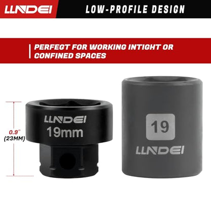 LLNDEI 3/8" Drive Stubby Impact Socket Set Metric 6-19mm, 19-Piece Cr-Mo Nano Socket Set with 2 Extension Bars (6" & 15"), Universal Joint & Ratchet Wrench for Tight Space Access