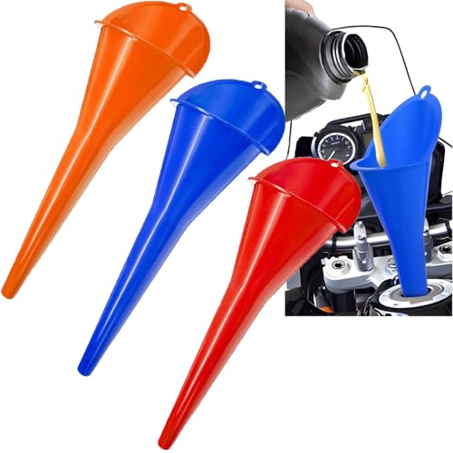 3-Pack Long-Neck Oil Funnels, 11" Multi-Purpose Funnels for Automotive & Motorcycle Use – Reusable Funnel for Oil, Gas & Transmission Fluid (Blue+Red+Orange) - color: Blue+Red+Orange