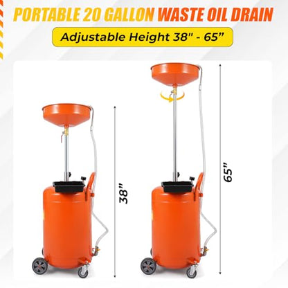 20 Gallon Waste Oil Drain Tank, Portable Air Operated Drainer With Adjustable Funnel Height 38"-65", Portable Oil Drain Container,15" Funnel Fluid Fuel Transfer Drainage With 360° Wheels & Toolbox - color: Orange