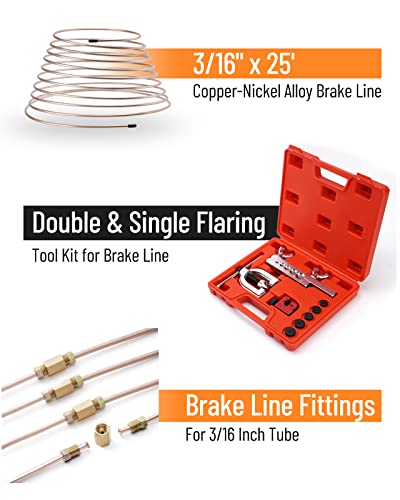 25 ft 3/16" Copper-Nickel Alloy Non-Magnetic Brake Line Kit (Includes 16 Fittings and 4 Unions Brake Line Fittings) + Brake Line Double & Single Flaring Tool Kit