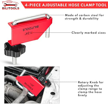 BILITOOLS 4pcs Hose Pinch Off Pliers Set, Clamp Tool for Lines | Carbon Steel, 3/8-1-3/4" Sizes, for Fuel/Vacuum/Coolant/Radiator/Brake Hoses, Adjustable Flow, Non-Damaging, Rust-Resistant