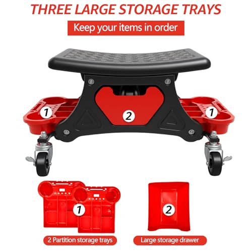 Mechanic Stool, Garage Stool, 300 LBS Capacity Heavy Duty | Rolling Mechanics Seat with Two Tool Trays and Drawer, Tools for Automotive Auto Repair