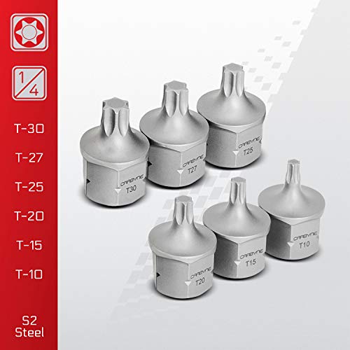 CARBYNE 12-Piece Torx Stubby Low Profile Bit Socket Set, T10 to T60, S2 Steel, Dual Drive Internal Square and External Hex Drive for Tight Confined Spaces, Genuine Licensed Torx - size: Torx