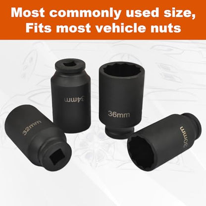 SSN 1/2 Inch Impact Socket Set Heavy Duty Drive Impact Socket Set 12 Point Metric 30mm 32mm 34mm 36mm Axle Nut Socket Set with Portable Case (4PCS) - color: 30-36mm(4pcs)